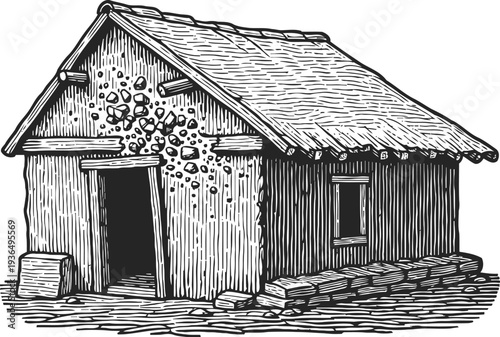 Old rustic wooden house with stone foundation and thatched roof, vintage hand drawn building illustration