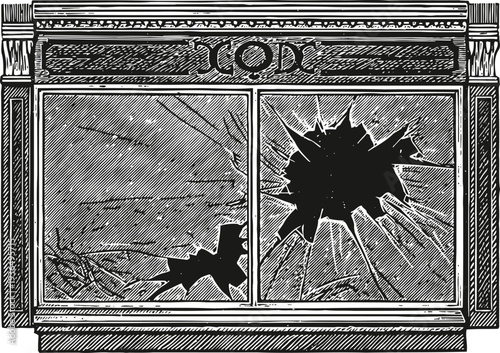Broken window frame with multiple shattered glass holes vintage black and white engraving of damaged glass panes
