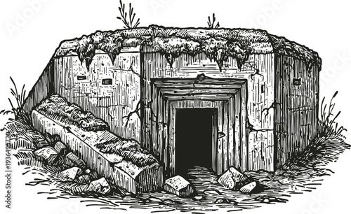 Ancient stone bunker with vegetation on top and a dark entrance in black and white engraving