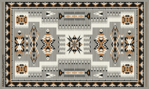 Navajo storm pattern rug style vector.Sacred mountain symbolism with central rectangular motif connecting four corners.Representing weather,lightning.Carpet southwestern tribal geometric illustration.