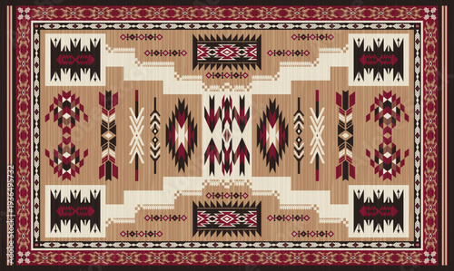 Navajo storm pattern rug style vector.Sacred mountain symbolism with central rectangular motif connecting four corners.Representing weather,lightning.Carpet southwestern tribal geometric illustration.