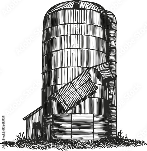 Rural farm silo with attached shed vintage wooden grain storage building surrounded by grass and vegetation