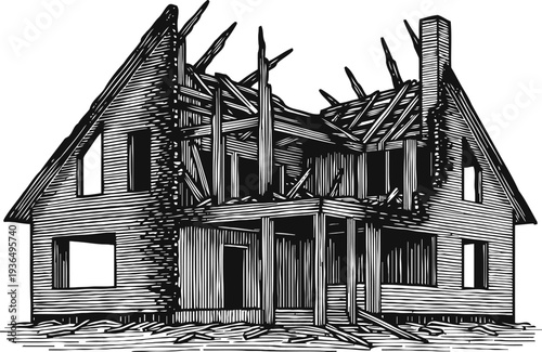 Abandoned wooden house ruins with broken roof and empty windows old damaged building structure in decay and neglect