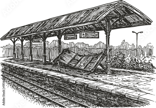 Abandoned train station platform with broken wooden bench and detailed canopy structure