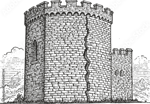 ancient cracked stone tower medieval castle turret with battlements and arched window
