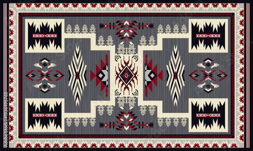 Navajo storm pattern rug style vector.Sacred mountain symbolism with central rectangular motif connecting four corners.Representing weather,lightning.Carpet southwestern tribal geometric illustration.