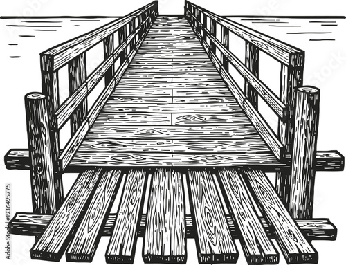 Wooden pier extending over water hand drawn detailed black and white vintage illustration of dock platform with railings