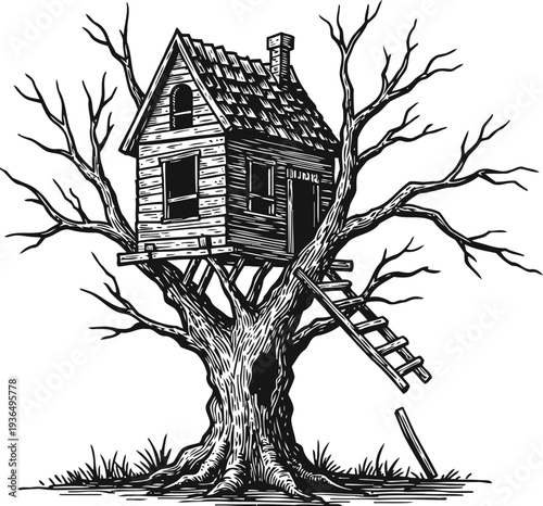 Rustic treehouse in a leafless tree with ladder, wooden cabin elevated above ground, childhood outdoor shelter