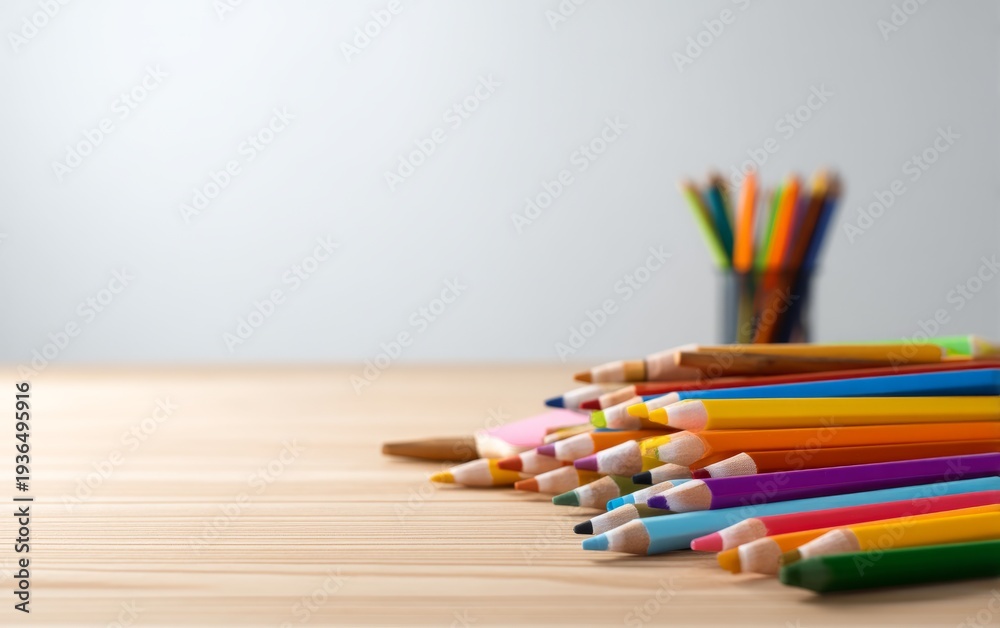 Obraz premium Colorful Crayons and Paper on a Desk in a School Setting