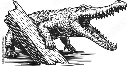 Black and white alligator illustration with open mouth resting on a wooden log in detailed engraving