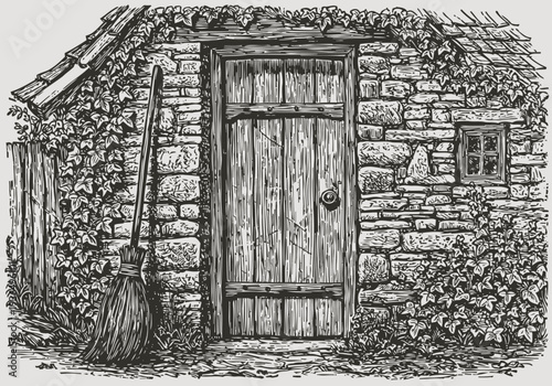 Rustic stone cottage door with wooden frame and climbing ivy plants, vintage broom leaning