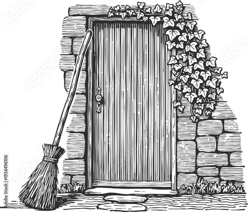 Wooden door with broom leaning against stone wall covered with climbing ivy plant