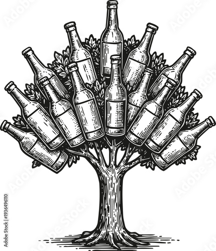 alcohol bottle tree illustration vintage engraved liquor bottles growing on tree branches concept