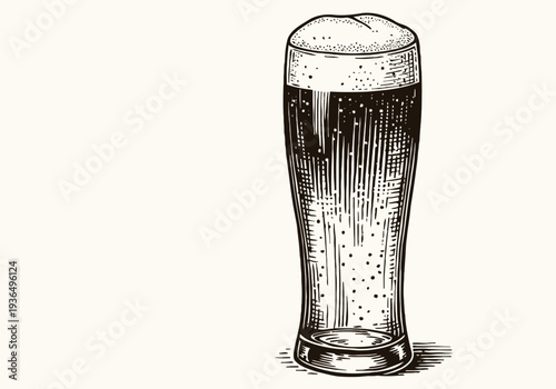 Hand drawn beer glass with foam vintage illustration of tall pint filled with frothy beer beverage