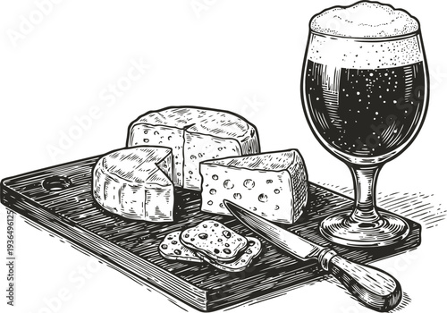 Cheese selection with crackers and dark beer on wooden board vintage hand drawn dairy and beverage snack set