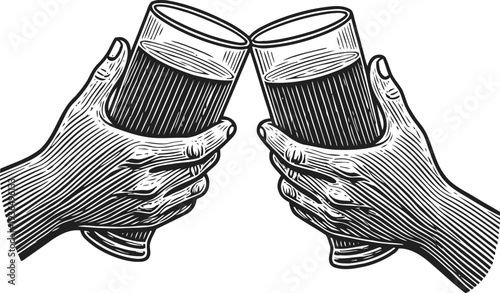 Two hands holding and clinking glasses with drink, celebration and friendship concept illustration