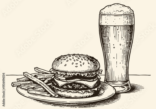 Classic cheeseburger with fries and frothy beer glass on plate vintage hand drawn fast food meal illustration
