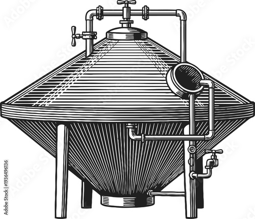 Vintage industrial fermenter tank with valves and pipes, detailed black and white illustration