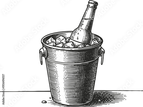 Ice bucket with bottled beer chilling in cold ice cubes vintage engraved illustration of beverage cooler with handle on table surface