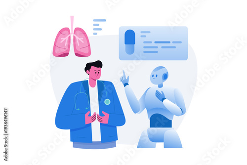 AI Robot Assisting Doctor in Healthcare Diagnosis Illustration