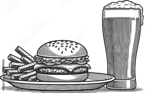 Classic burger with fries and frothy beer glass on plate, vintage black and white food illustration