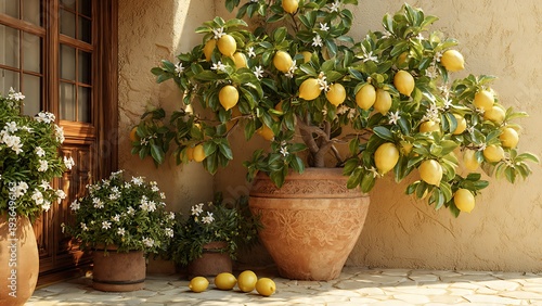 Fresh lemons hanging from a small citrus tree blooming with white flowers.