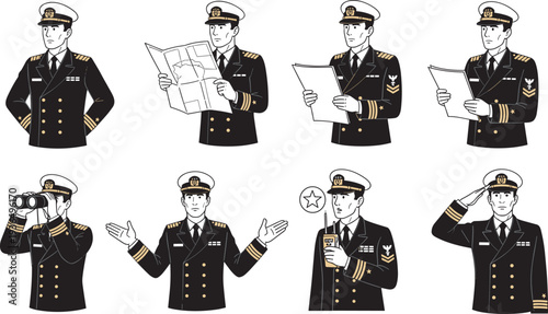 Set of Navy Captain Illustrations in Uniform Reading Maps Using Binoculars and Saluting for Maritime Leadership and Naval Military Operations