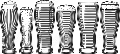 Six tall beer glasses with foamy tops in vintage engraving different shapes and sizes of pint glassware