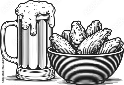 Mug of frothy beer with crispy chicken wings in bowl, pub snack and refreshment concept illustration