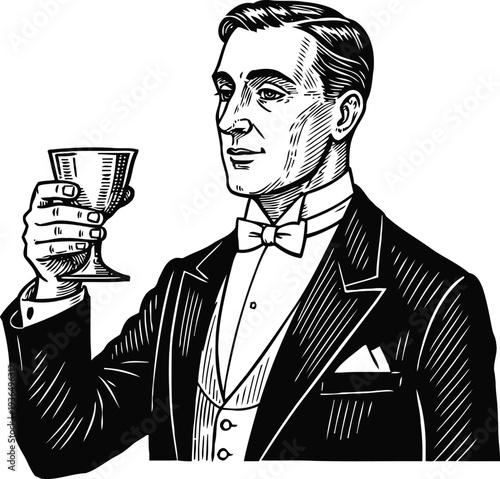 Vintage gentleman in tuxedo holding a glass with a celebratory toast gesture