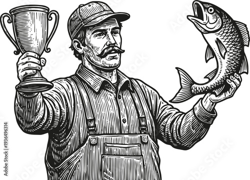 Fisherman holding trophy and large fish proud catch celebration vintage illustration