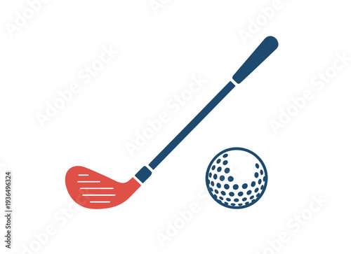 A blue and red golf club is positioned beside a textured blue golf ball on a pristine white surface