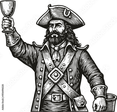 Vintage pirate raising a goblet in a toast old nautical captain with hat and coat holding a cup and tankard
