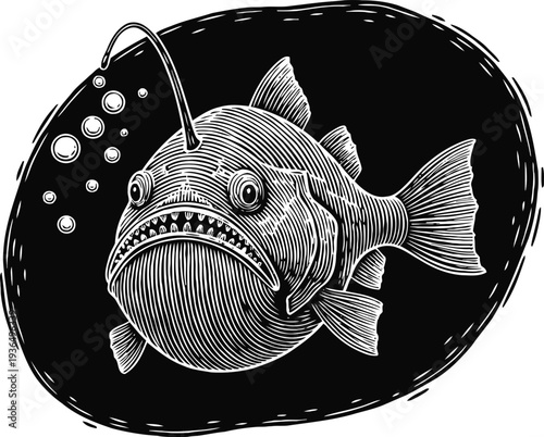 Anglerfish deep sea creature with bioluminescent lure glowing bubbles underwater illustration