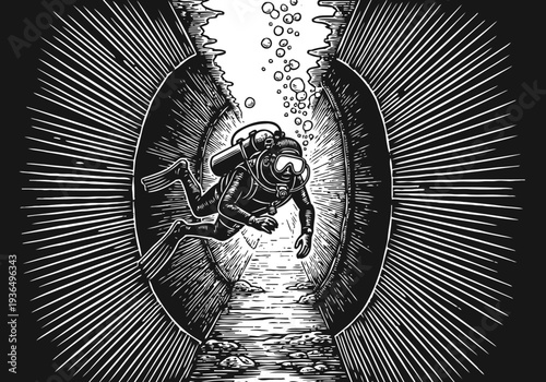 Diver exploring underwater cave scuba diver with gear swimming in deep dark crevice, bubbles rising, ocean adventure concept