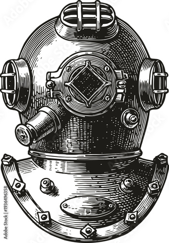 Vintage deep sea diving helmet engraved detailed illustration, old fashioned underwater equipment, maritime exploration gear