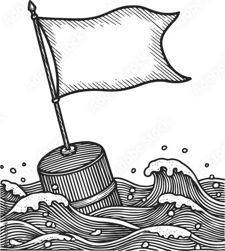 hand drawn nautical buoy with flag floating on rough ocean waves sketch illustration