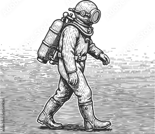 Vintage deep sea diver engraving walking with old fashioned diving suit and oxygen tank illustration