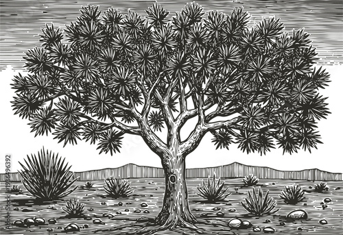 Desert tree illustration with strong textured branches and leaves, arid landscape, shrubbery and distant mountains