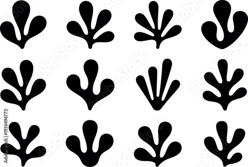 Minimalist black abstract organic forms vector illustration set featuring modern Matisse-inspired leaf and seaweed shapes graphic design on transparent background. 
