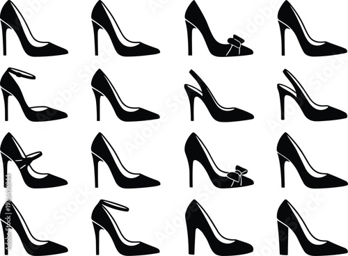 women high heel shoes silhouette set, elegant fashion footwear collection, stylish lady pumps vector illustration isolated design