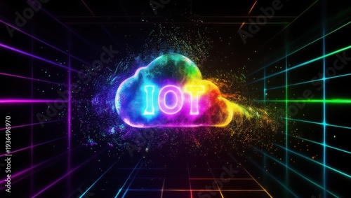 A vibrant neon cloud with the word JOY in a futuristic digital environment