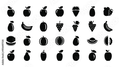 A collection of fruit icons in black and white