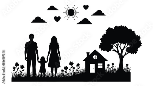 A family stands in front of their home under sunny skies