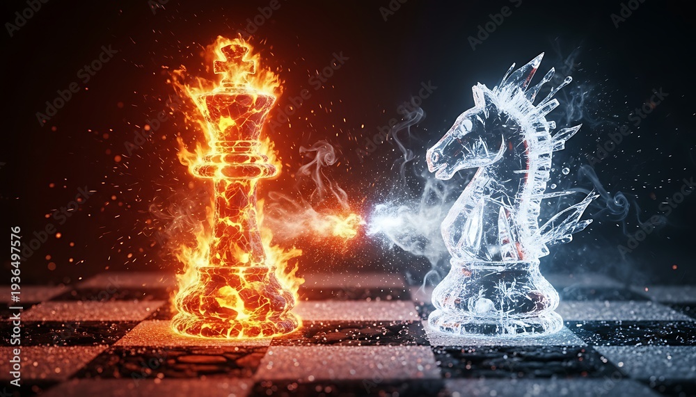 Obraz premium Dynamic confrontation between a blazing queen and a crystalline knight on a chessboard, symbolizing strategic conflict and elemental power