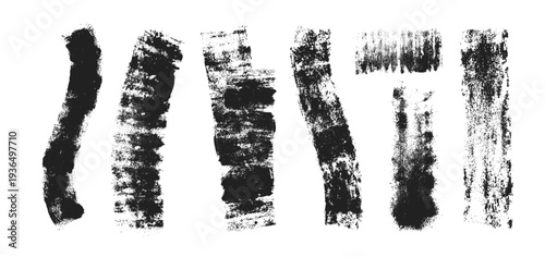 Black roller brush prints set isolated on transparent background. Vector realistic illustration of grunge abstract ink strokes line with rough texture, street art element, urban graffiti, paint stain