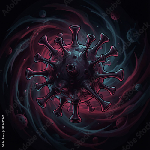 Dynamic digital illustration depicting a stylized, magnified viral particle with prominent spiky surface details and dark, swirling energetic auras, symbolizing an unseen biological threat