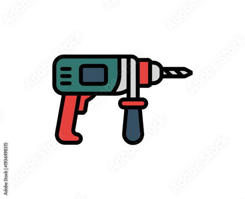 A colorful vector illustration of a modern electric drill with a red handle and green body