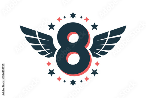 A stylized vector graphic of the number eight with wings and stars, symbolizing excellence and achievement in a modern design.