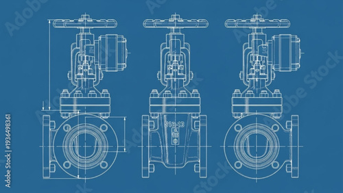 Industrial Valve Blueprint Technical Drawing Set, Front Side Isometric Engineering Diagram